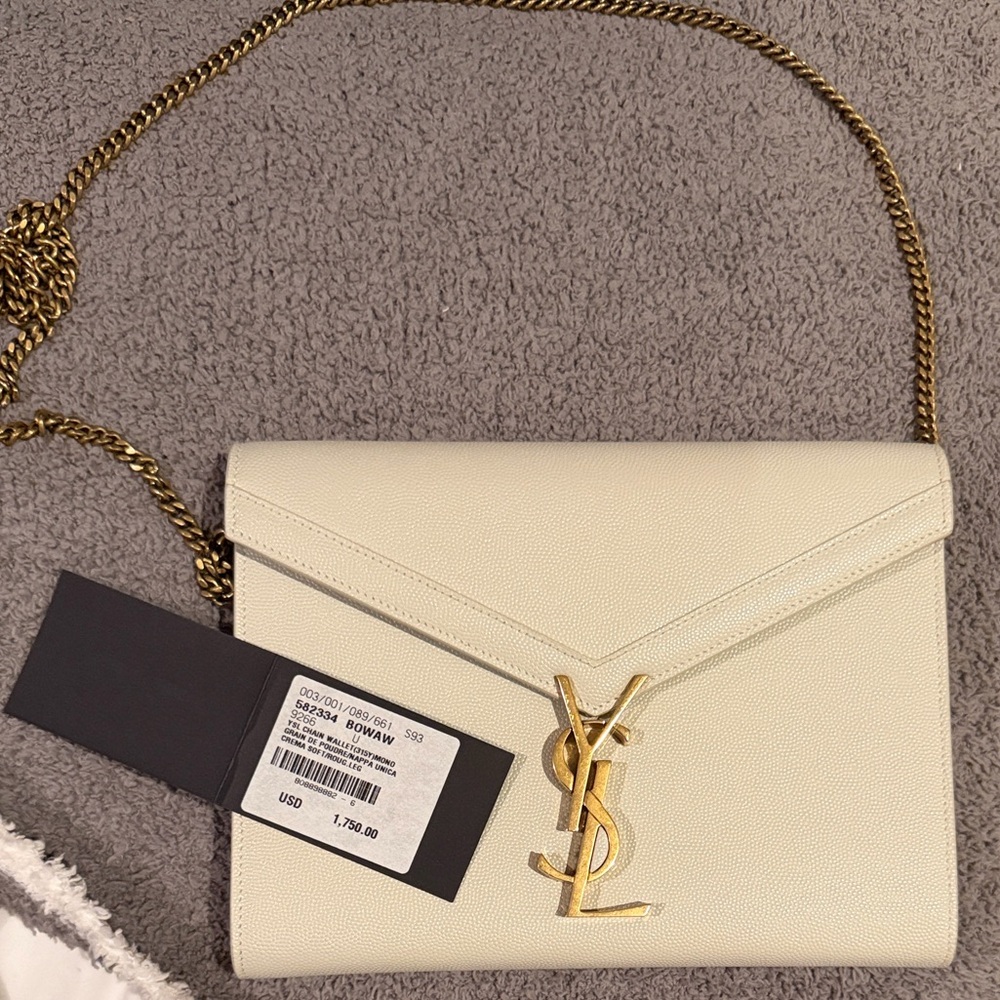 Yves Saint Laurent Cassandra Chain Wallet Cream Crossbody Bag with Gold Chain